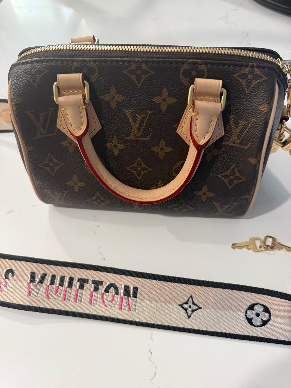 Louis Vuitton Brown Monogram Crossbody with Pink-Trim Strap